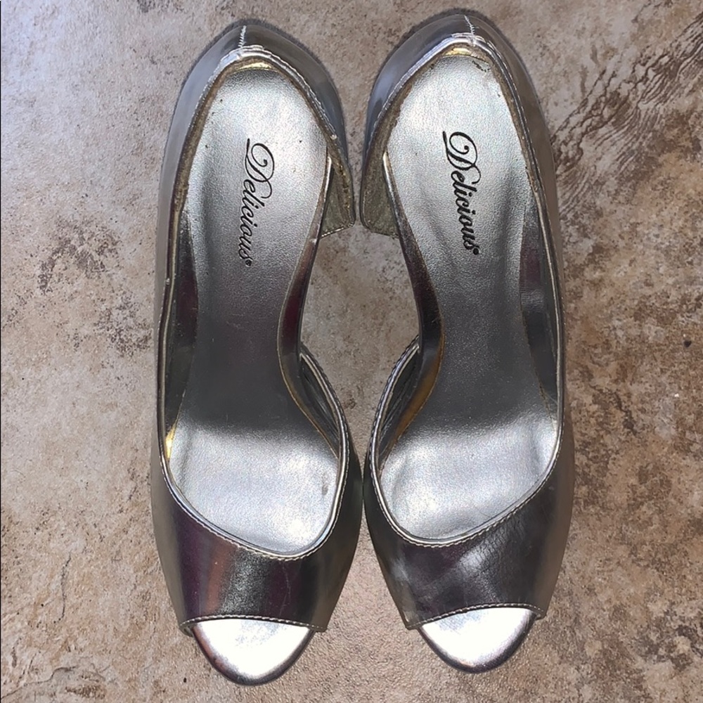Silver peep toe heels